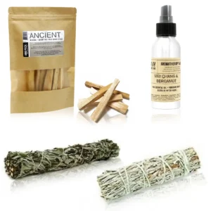 Aromaterapipaket med Palo Santo-rökelsepinnar, doftspray och örtbuntar