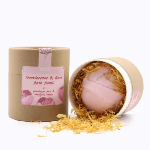 Aromaterapiset med rosa badbomb, Himalayasalt och ringblomsblad i rund förpackning