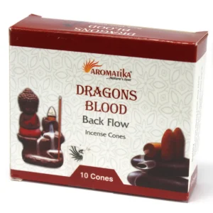 Förpackning med Aromatika Backflow rökelsekoner Dragons Blood med bild på rökelsehållare och koner