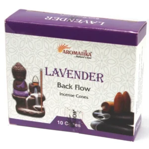 Förpackning med Aromatika Backflow rökelsekoner i lavendeldoft med bild på Buddha och rökelsebrännare