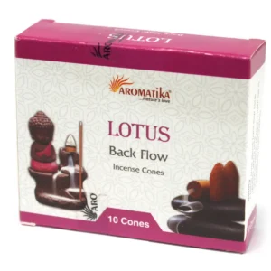 Förpackning med Aromatika Backflow rökelsekoner Lotus med bild på Buddha och rökelsehållare