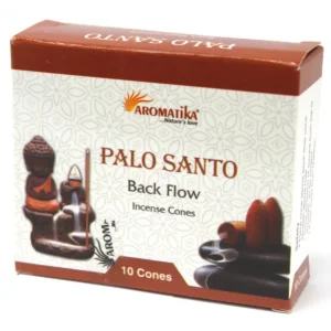 Förpackning med Aromatika Backflow rökelsekoner med Palo Santo och bild på Buddha och rökelsehållare