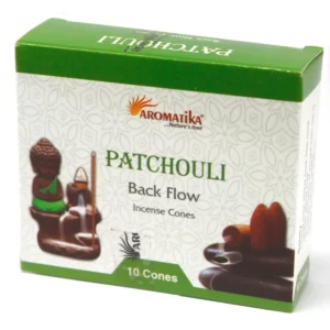 Förpackning med Aromatika Backflow rökelsekoner med patchoulidoft och bild på rökelsehållare