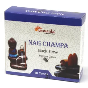 Förpackning med Aromatika Backflow rökelsekoner Nag Champa med blå och vit design och bild på Buddha och rökelsekoner