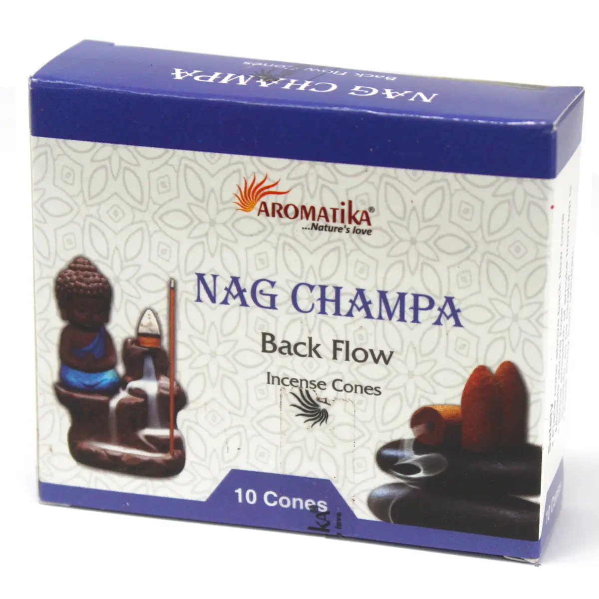 Förpackning med Aromatika Backflow rökelsekoner Nag Champa med blå och vit design och bild på Buddha och rökelsekoner