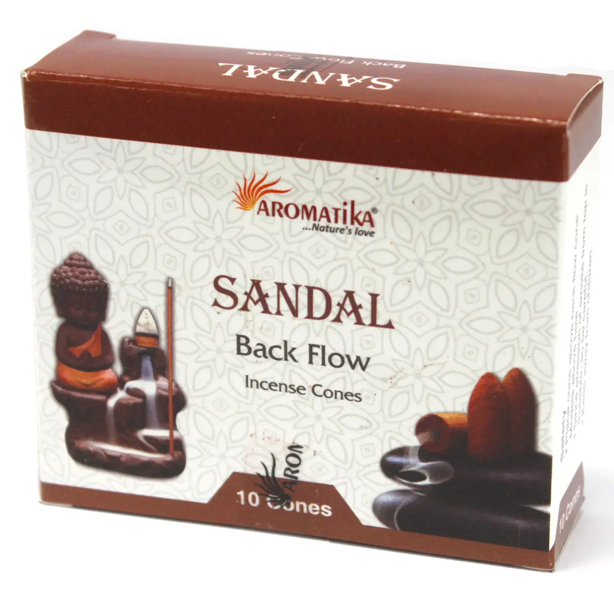 Förpackning med Aromatika Backflow rökelsekoner i sandelträ med bild på Buddha och rökelsehållare