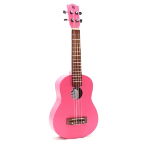 Ljusrosa ukulele med fyra strängar och träfärgat greppbräde