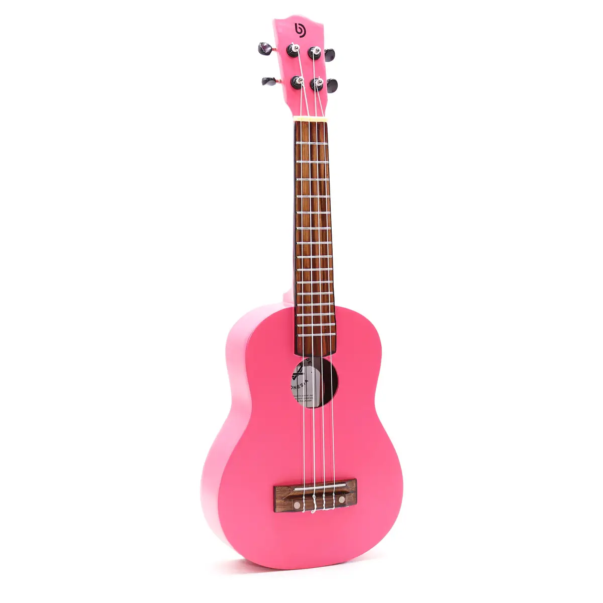 Ljusrosa ukulele med fyra strängar och träfärgat greppbräde