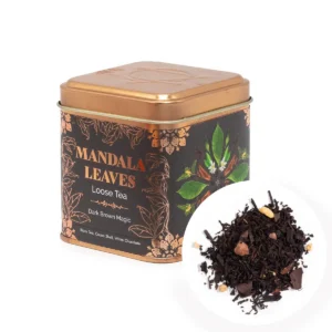 Plåtburk med artisante svart te Dark Brown Magic och löst te med chokladbitar