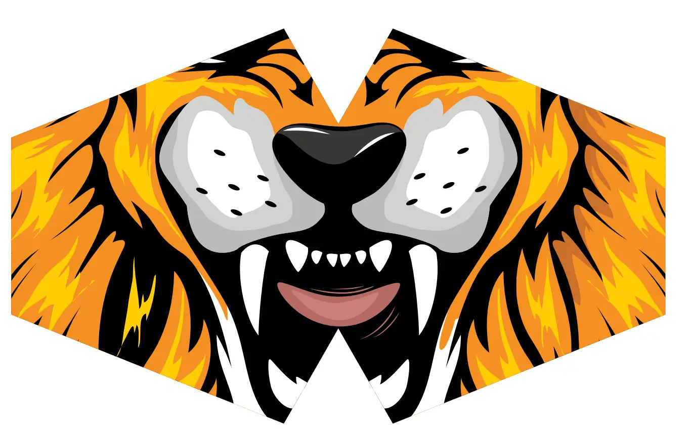 Barnansiktsmask med tigertryck i orange, svart och vitt