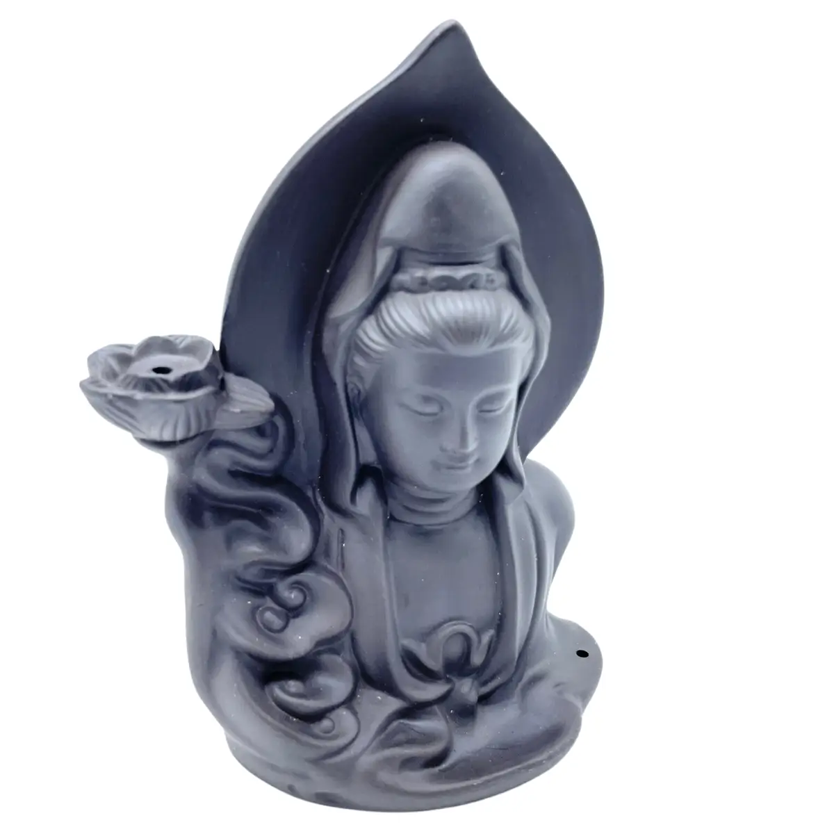 Svart backflow-rökelsehållare formad som en Buddha med rökkanal