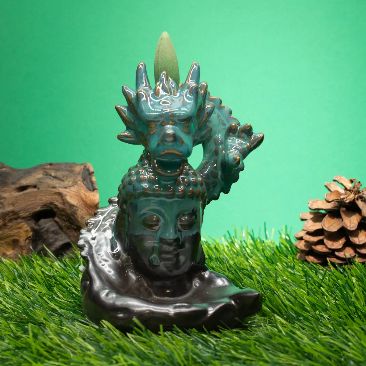 Backflow-rökelsehållare med drake över Buddha i keramik - produktbild 2
