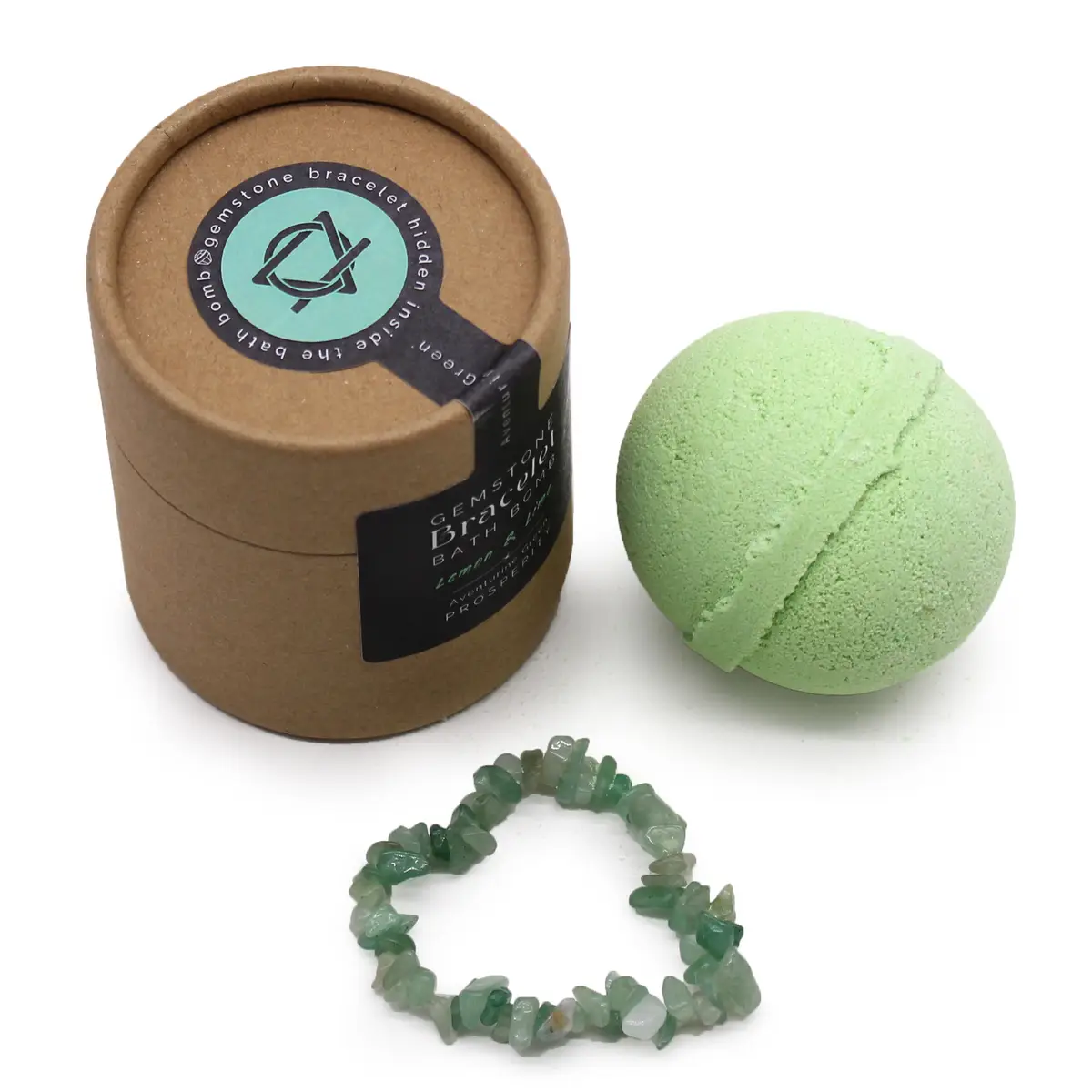 Grön badbomb med armband av grön aventurin och brun förpackning
