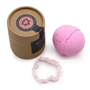 Rosa badbomb med rosenkvartsarmband och brun förpackning