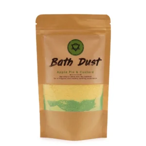 Förpackning med badpulver i brunt återförslutningsbart paket med etikett Bath Dust