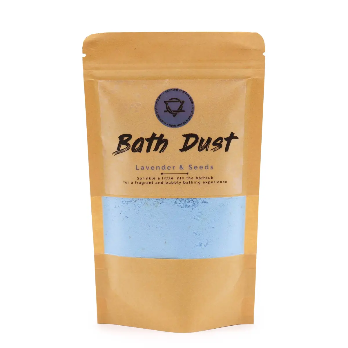 Förpackning med badpulver i ljusblå färg och etikett med texten Bath Dust Lavender & Seeds