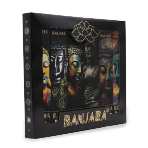 Presentförpackning med sex olika Banjara Buddha rökelsepinnar med färgglada Buddha-motiv