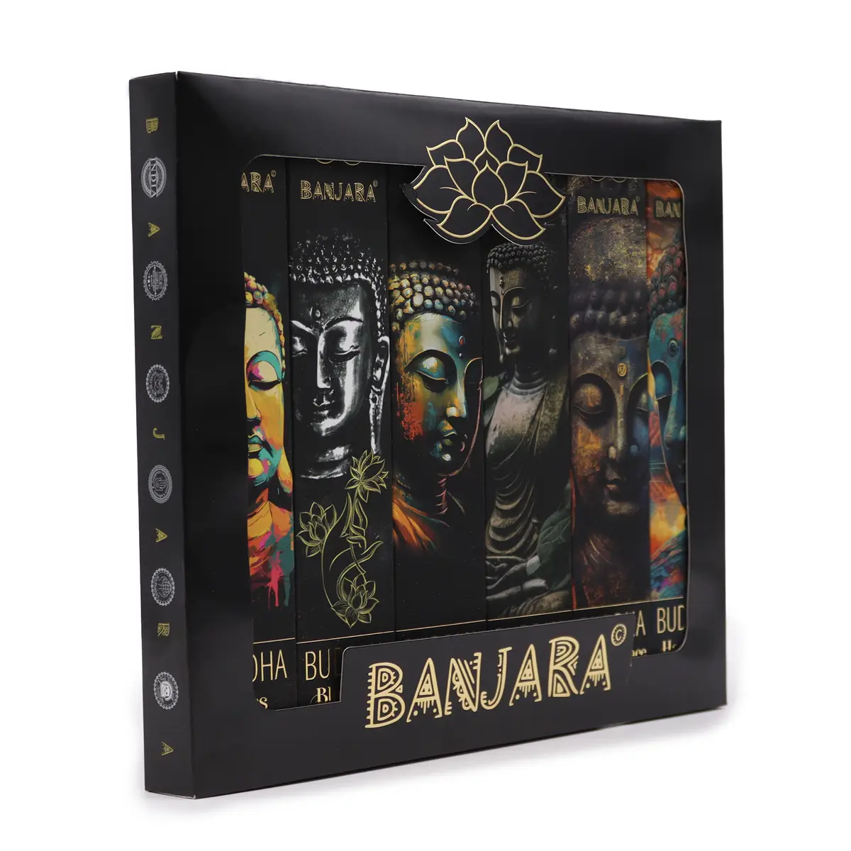 Presentförpackning med sex olika Banjara Buddha rökelsepinnar med färgglada Buddha-motiv