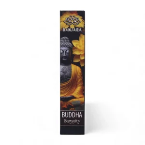 Förpackning med Banjara Buddha Serenity rökelsepinnar med Buddha och gula blommor