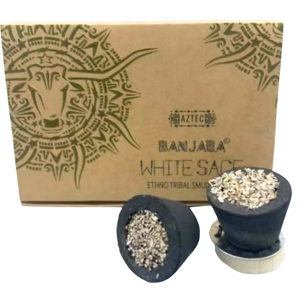 Förpackning med Banjara hartskoppar fyllda med vit salvia och medföljande metallplatta
