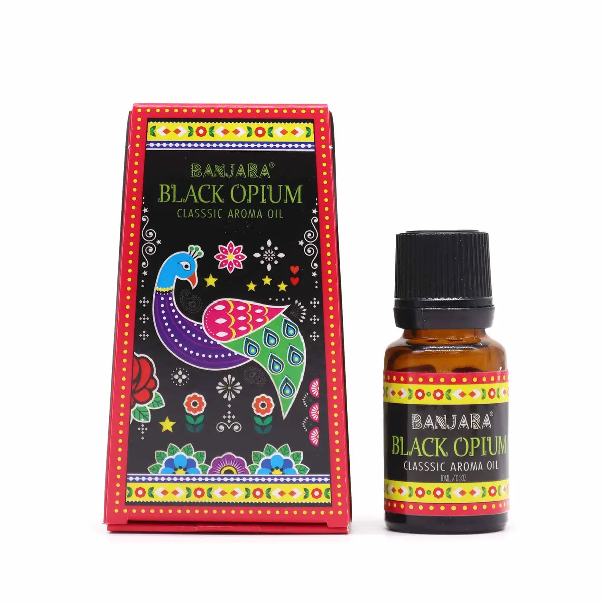 Flaska och förpackning med Banjara Black Opium doftolja med färgstarkt mönster och påfågelmotiv