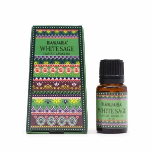 Flaska och förpackning med Banjara indisk doftolja vit salvia 10 ml