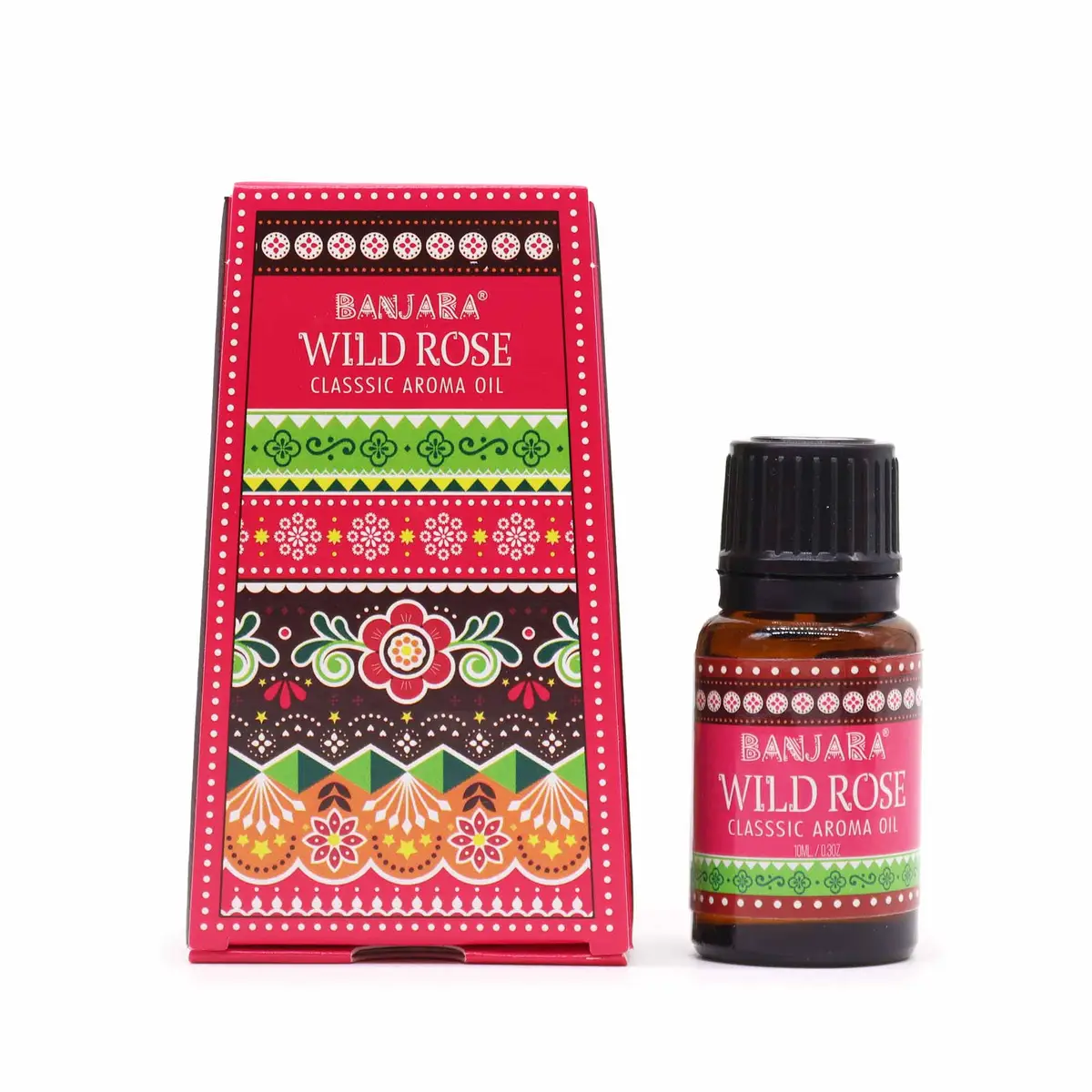 Flaska och förpackning med Banjara indisk doftolja Wild Rose 10 ml