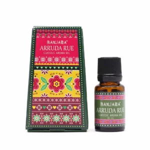 Flaska och förpackning med Banjara Arruda Rue doftolja 10 ml med färgglad indisk design