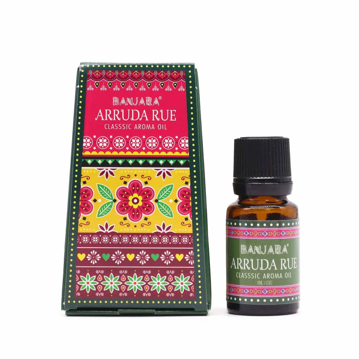 Flaska och förpackning med Banjara Arruda Rue doftolja 10 ml med färgglad indisk design