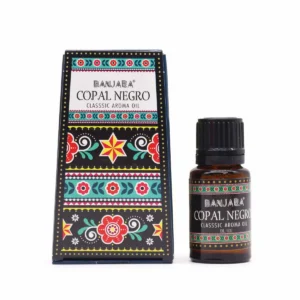 Flaska och förpackning med Banjara Copal Negro doftolja med färgglad dekor