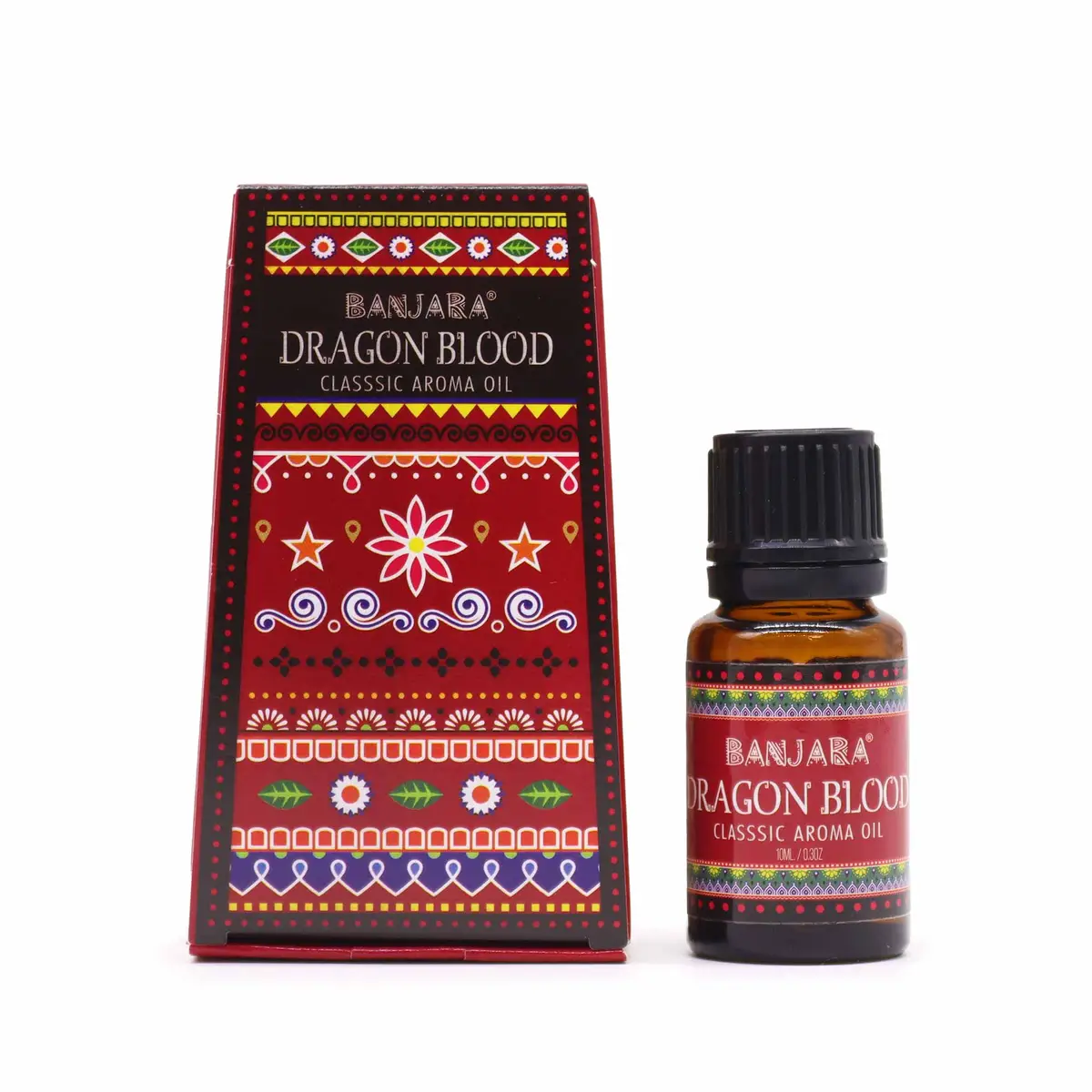 Flaska och förpackning med Banjara Dragon's Blood doftolja 10 ml med färgstarkt indiskt mönster