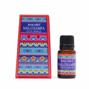 Flaska och förpackning med Banjara indisk doftolja Nag Champa 10 ml med färgstarkt mönster