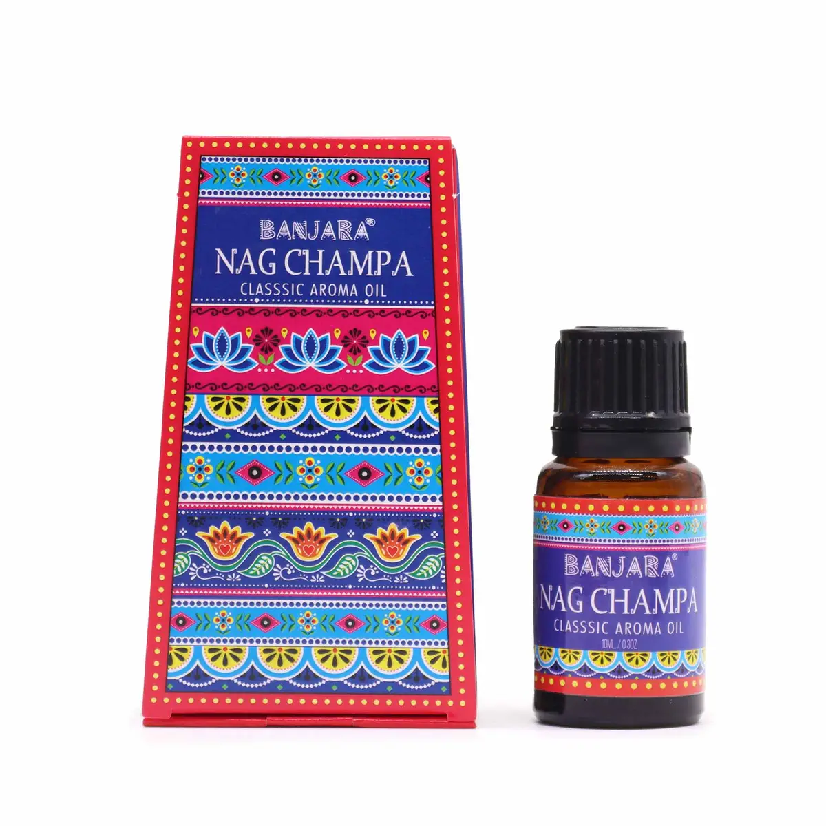 Flaska och förpackning med Banjara indisk doftolja Nag Champa 10 ml med färgstarkt mönster