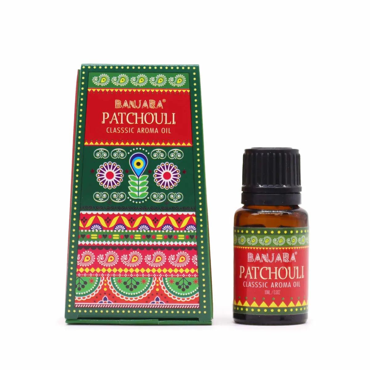 Flaska och förpackning med Banjara indisk doftolja Patchouli 10 ml