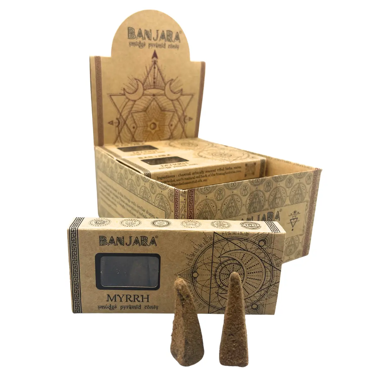 Förpackning med Banjara Smudge Pyramidkoner i myrra med två koner framför