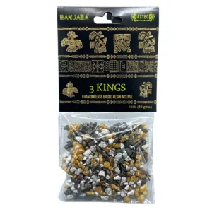 Förpackning med Banjara trädhartsrökelse 3 Kings med svart och guld design