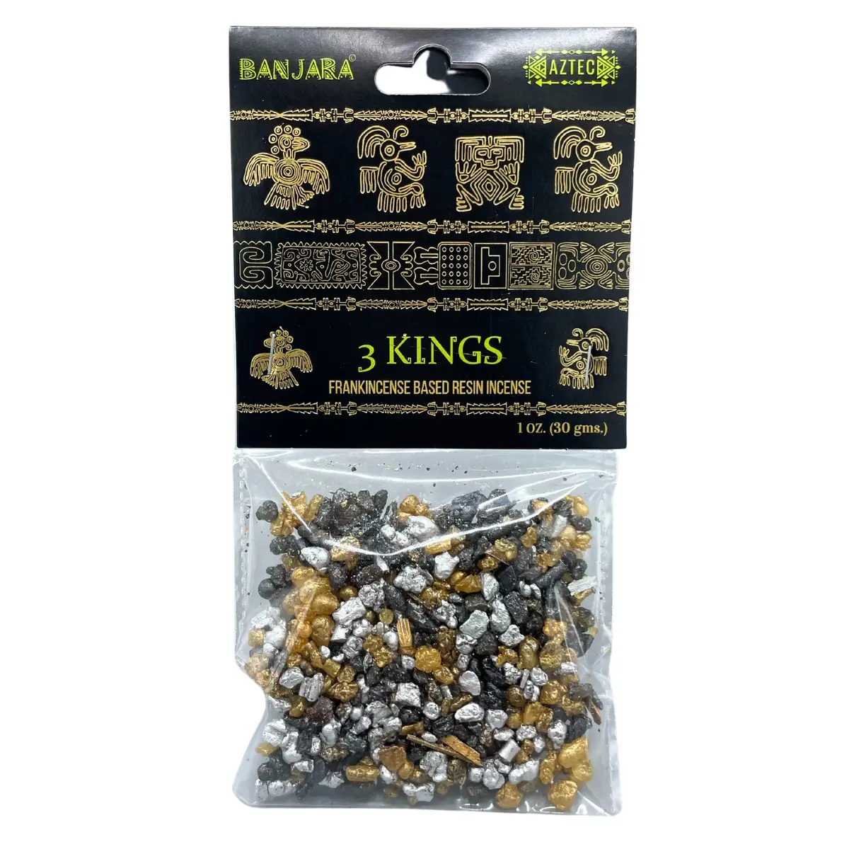 Förpackning med Banjara trädhartsrökelse 3 Kings med svart och guld design