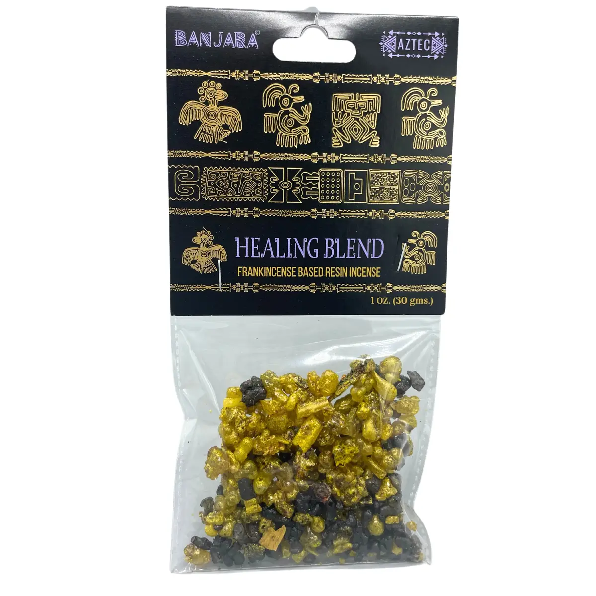 Förpackning med Banjara trädhartsrökelse Eden med svart och guld dekor och synliga bitar av trädharts