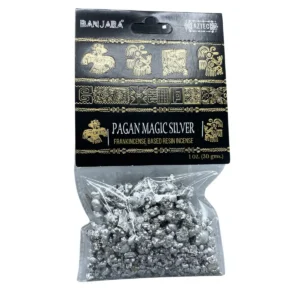 Förpackning med Banjara Pagan Magic Silver trädhartsrökelse i silverfärgad harts