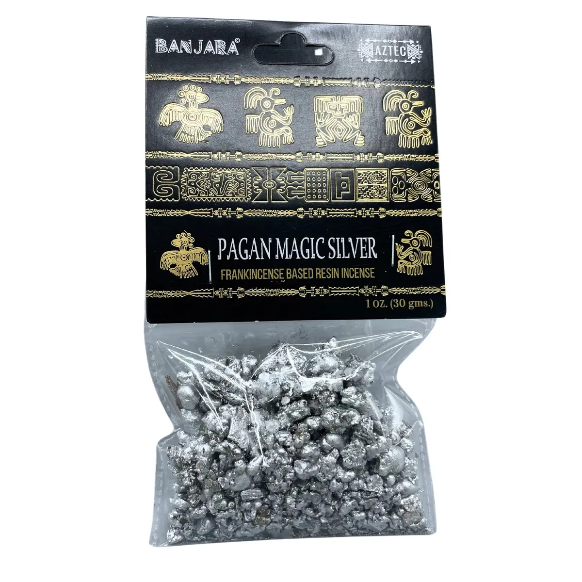 Förpackning med Banjara Pagan Magic Silver trädhartsrökelse i silverfärgad harts