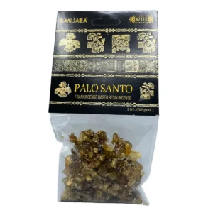 Förpackning med Banjara trädhartsrökelse Palosanto med gyllene mönster och hartsbitar i plastpåse