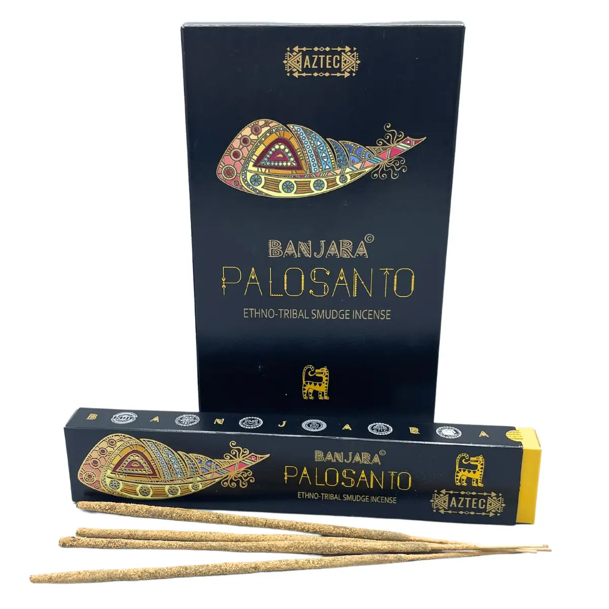 Förpackning och rökelsepinnar från Banjara Tribal med Palo Santo doft