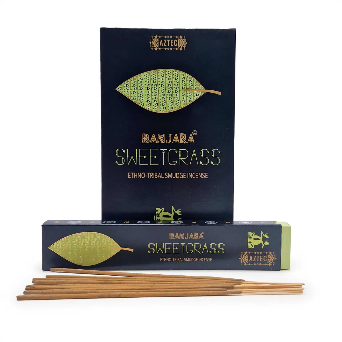 Förpackning med Banjara Tribal rökelsepinnar och Sweetgrass doft med dekorativt lövmotiv och grodsymbol