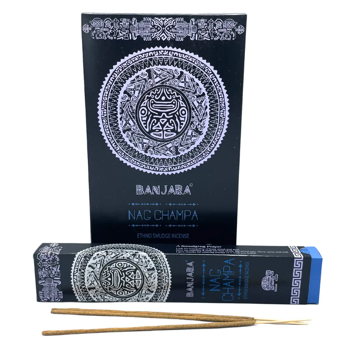 Förpackning och rökelsepinnar från Banjara Tribal med Nag Champa-doft
