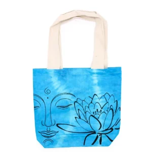 Blå batikkamönstrad bomullsväska med Buddha och lotusmotiv och naturfärgade handtag