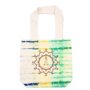 Batikkamönstrad bomullsväska med Namaste-motiv och naturfärgat handtag