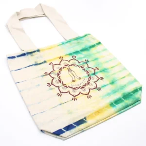 Batikkamönstrad bomullsväska med Namaste-motiv och naturfärgat handtag 38x42x12 cm - produktbild 2