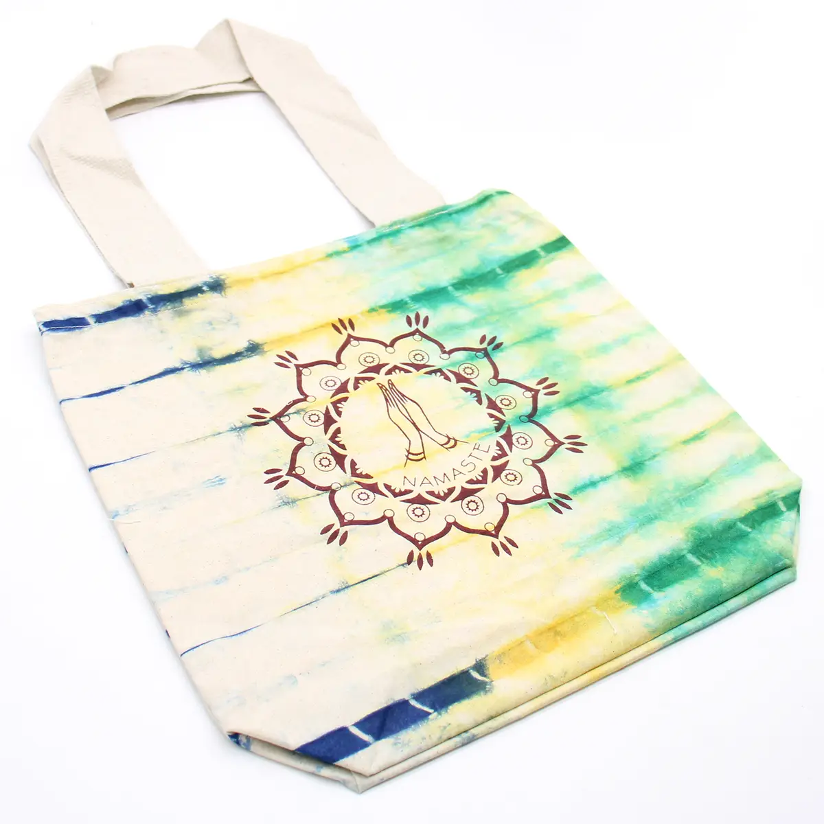 Batikkamönstrad bomullsväska med Namaste-motiv och naturfärgat handtag 38x42x12 cm - produktbild 2