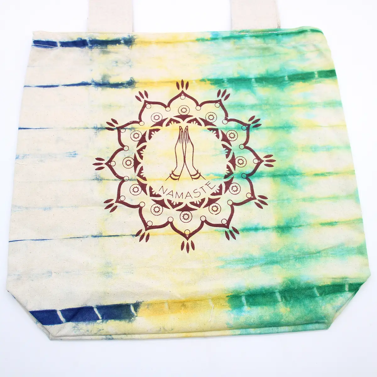 Batikkamönstrad bomullsväska med Namaste-motiv och naturfärgat handtag 38x42x12 cm - produktbild 3