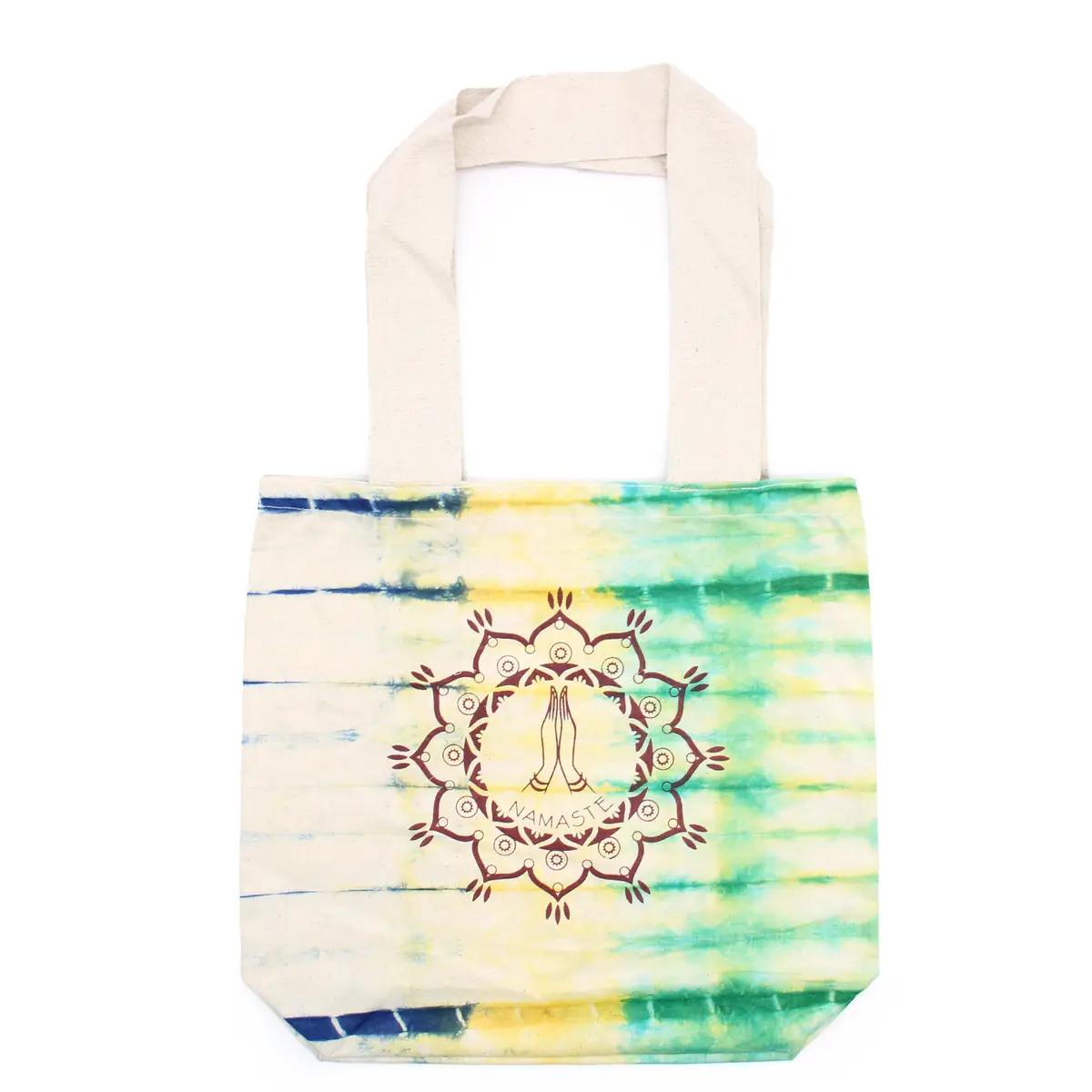 Batikkamönstrad bomullsväska med Namaste-motiv och naturfärgat handtag